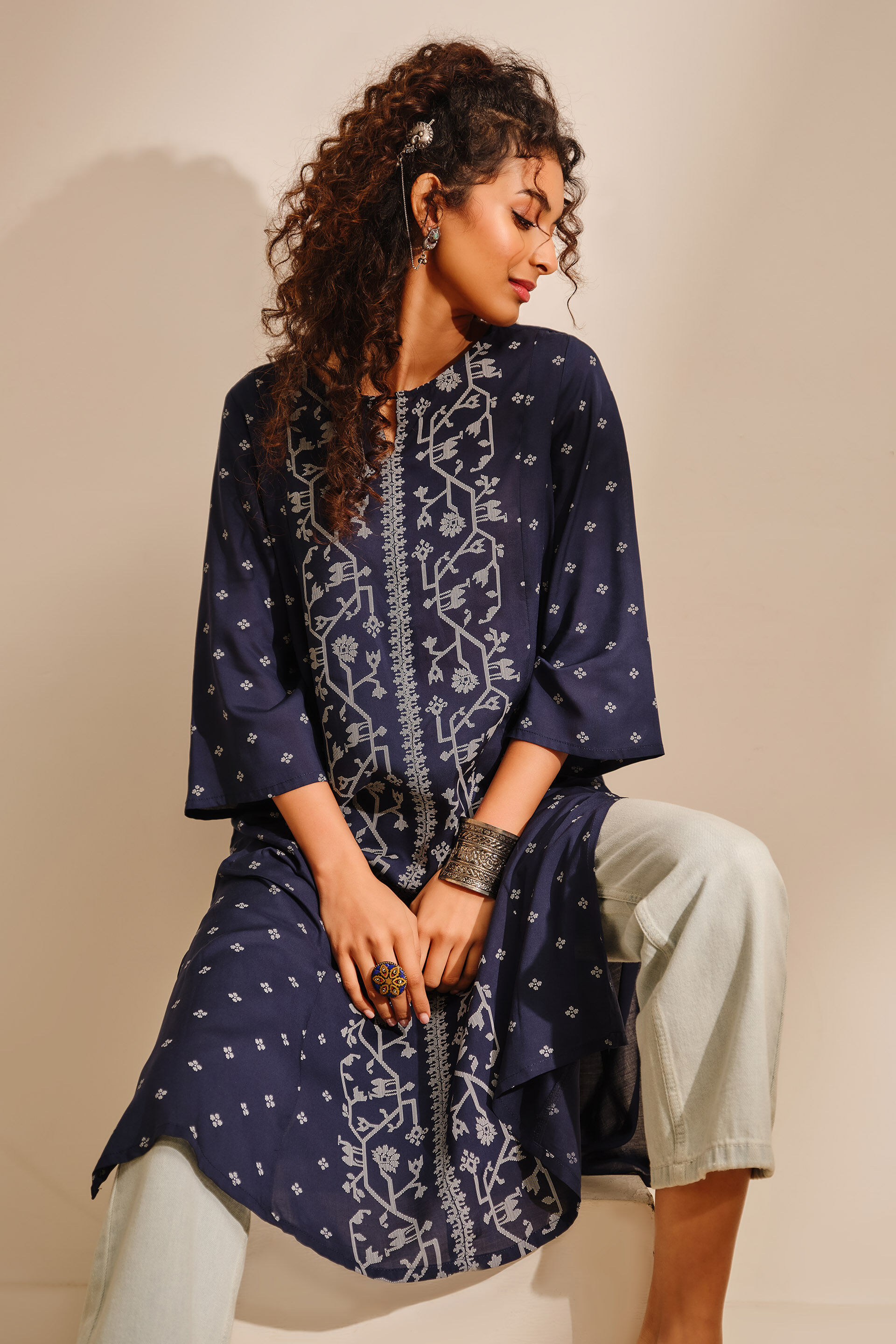 Geometric Pattern Indigo Modal Kurta, Indigo, image 5